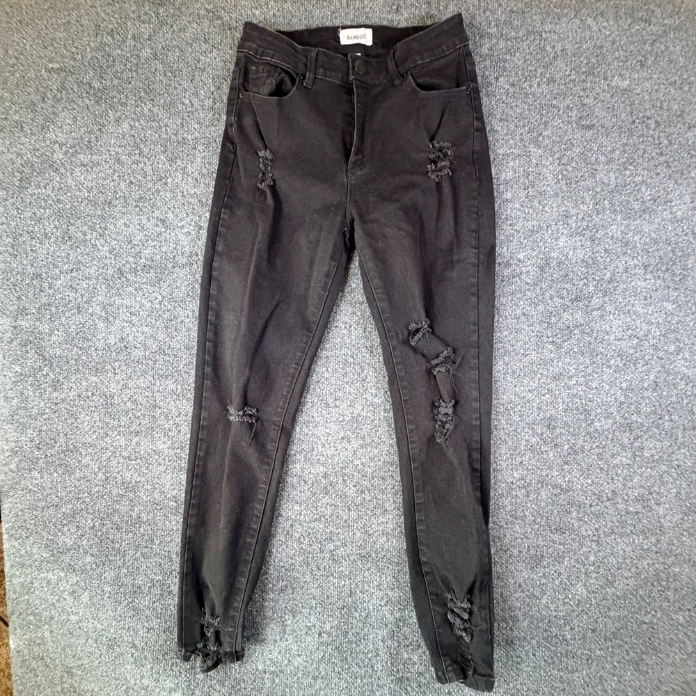 Bamboo Jeans Womens 27x26.5 Black‎ Denim Stretch Cotton Distressed Skinny Leg